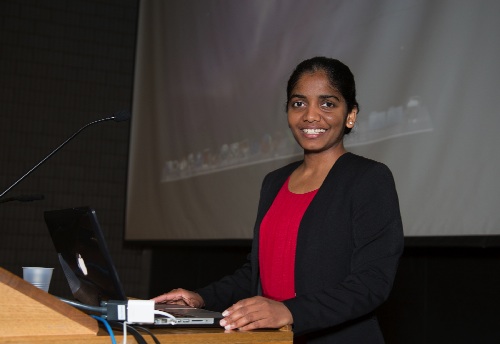 Kethika Kulleperuma gives her Beckman-Coulter Award talk on molecular dynamics of ion permeation in the human voltage-gated proton channel
